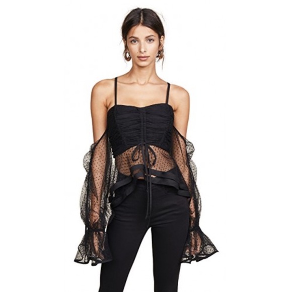 Black Mesh Polka Dot Cold Shoulder Crop Top - Picture 3 of 6